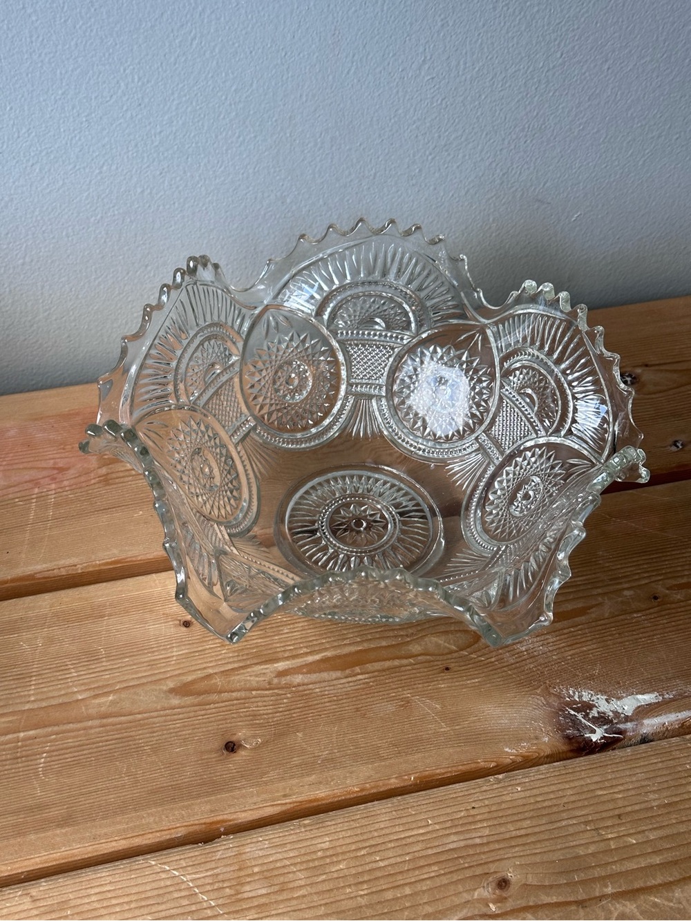 vintage Imperial Glass-Ohio Twins Clear pressed glass bowl with a ruffled edge